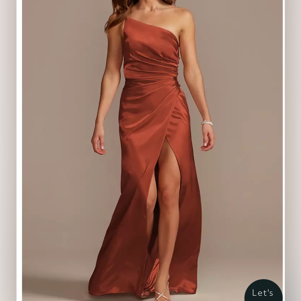 David’s Bridal - CHARMEUSE DRAPED ONE-SHOULDER BRIDESMAID DRESS,CINNAMON, SIZE 2